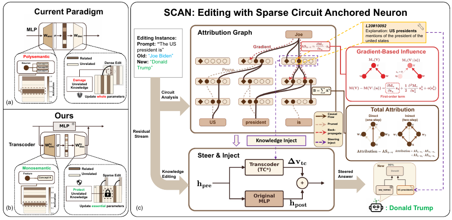 SCAN sparse circuit localization and targeted knowledge editing framework
